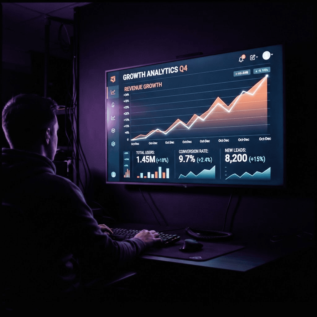 Rising line chart and dashboard metrics on a large screen