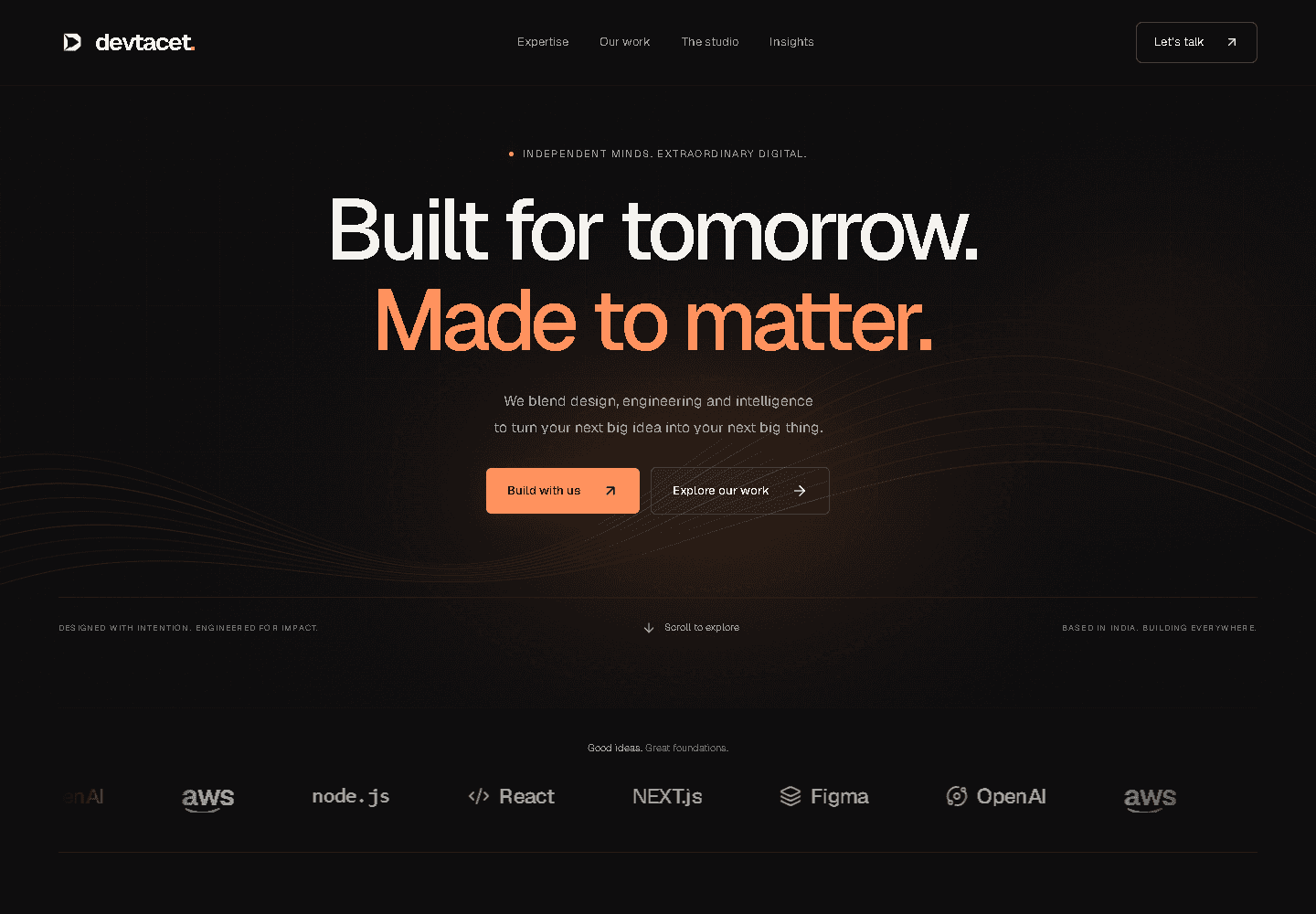 A real screenshot of Devtacet’s public studio website